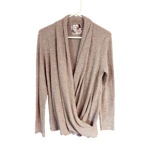 Anthropologie Akemi + Kin Brown Waffle Knit‎ Wrap Front Shawl Sweater L Cozy